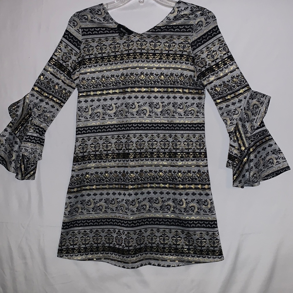 Amywear polyester spandex flower black-gold with designer sleeves mini dress